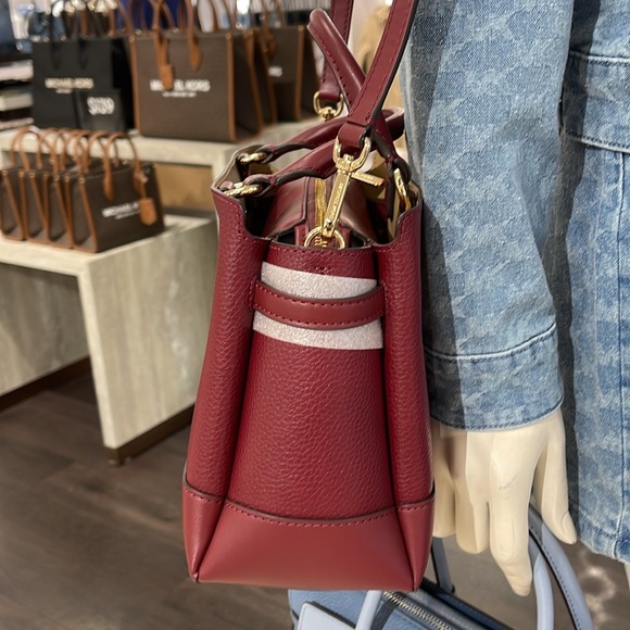 Michael Kors Reed Small Dark Cherry Leather Center Zip Belted Satchel Bag Purse - Picture 8 of 16